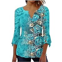 Womens Tops Hide Belly Fat Shirts 3/4 Sleeve Summer Pleated Button V Neck T-Shirt Causal High Waist Floral Tunic Top