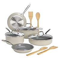Goodful Ceramic Nonstick Pots and Pans Set, Titanium-Reinforced Premium Nonstick Coating, Dishwasher Safe Pots and Pans, Tempered Glass Steam Vented Lids, Stainless Steel Handles, 12-Piece, Cream