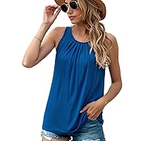 Women's Crew Neck Tank Tops Pleated Floral Print Basic Sleeveless Blouse Shirts Summer Casual Loose Beach Tunic Top