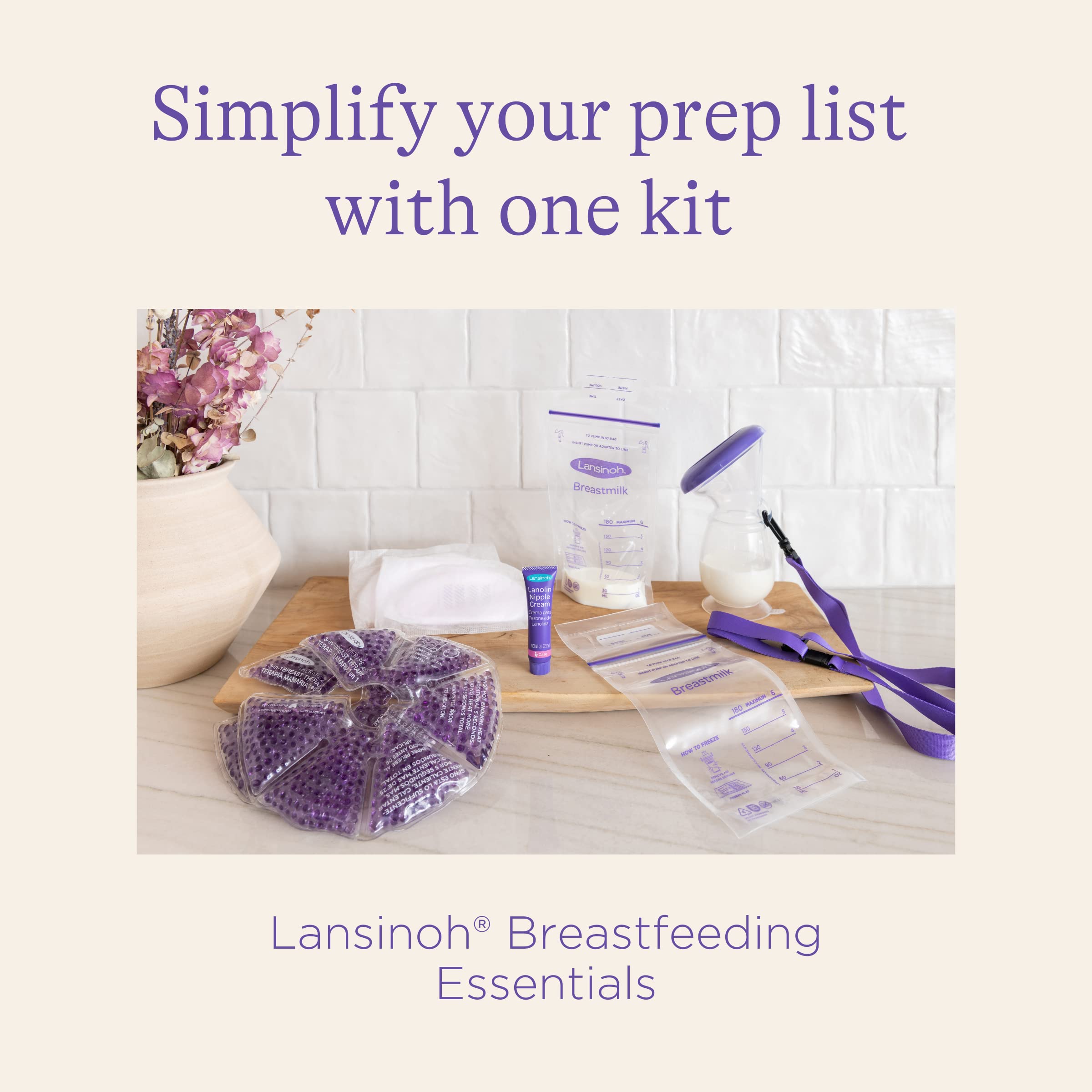 Lansinoh Breastfeeding Essentials for Nursing Moms: Nipple Cream, 48 Nursing Pads, 25 Breastmilk Storage Bags, 2 Hot & Cold Breast Therapy Packs, Silicone Breast Pump, 77 Pieces