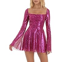 ACSUSS Women's Sequin Sparkly Club Dresses Flare Long Sleeve Cocktail Dress Square Neck Party Dresses