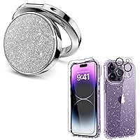 MIODIK Bundle - for iPhone 14 Pro Max Case Clear Glitter + Phone Ring Holder (Silver), with 9H Tempered Glass Screen Protector + Camera Lens Protector, Protective Shockproof for Women