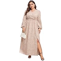KOJOOIN Women Plus Size Wrap Maxi Dress Long Lantern Sleeves Empire Waist Split A Line Boho Casual Dresses Apricot Spots 2XL