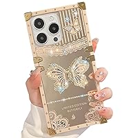 Cute Square Compatible with iPhone 14 Pro Max Case with Luxury Bling Glitter Butterfly Foldable Stand Kickstand,Glitter Soft PC Slip-Resistant Bumper Protective Cover for Women & Girls(Gold)