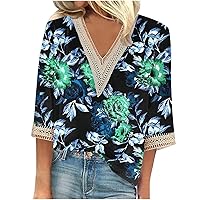 Floral Blouses for Women 3/4 Sleeve Tunic Tops 2024 V Neck Lace Tops Casual Loose Summer Tshirts Dressy Tunics