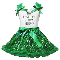Petitebella Bling Daddy Is My Hero Shirt Dress Green Sequins Skirt Girl Clothing Set 1-8y