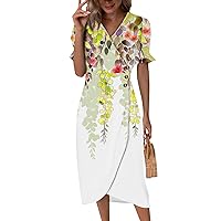 Beach Dresses for Women 2024 Summer Trendy Elegant Wrap V Neck Floral Boho Print Flowy Tunic Ruched Hawaiian Dress