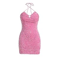 Women's Dress Pink Backless Sequin Halter Bodycon Dress - Sexy Mini Cami Dress