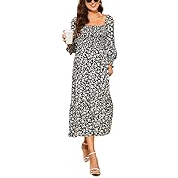 Anna-Kaci Square Neck Long Sleeve Midi Dress for Women Mid-Calf Length