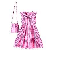 Girl's Plaid Print Tank Dress Button Down Doll Collar Ruffle Hem Dresses with a Crossbody Bag