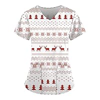 Scrubs for Women Christmas Plus Size V Neck T-Shirt Cute Xmas Printed Holiday Medical Tops Nurse Workwear Shirt