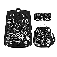 3-In-1 Backpack Bookbag Set,Supernatural Symbols Black Print Casual Travel Backpacks,With Pencil Case Pouch, Lunch Bag