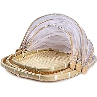 3Pcs Bamboo Food Serving Trays Tent Basket with Cover, Square Hand-Woven Covered Bread & Vegetable Fruit Basket Dustproof Food Storage Container with Mesh for Indoor Outdoor Home Kitchen Picnic