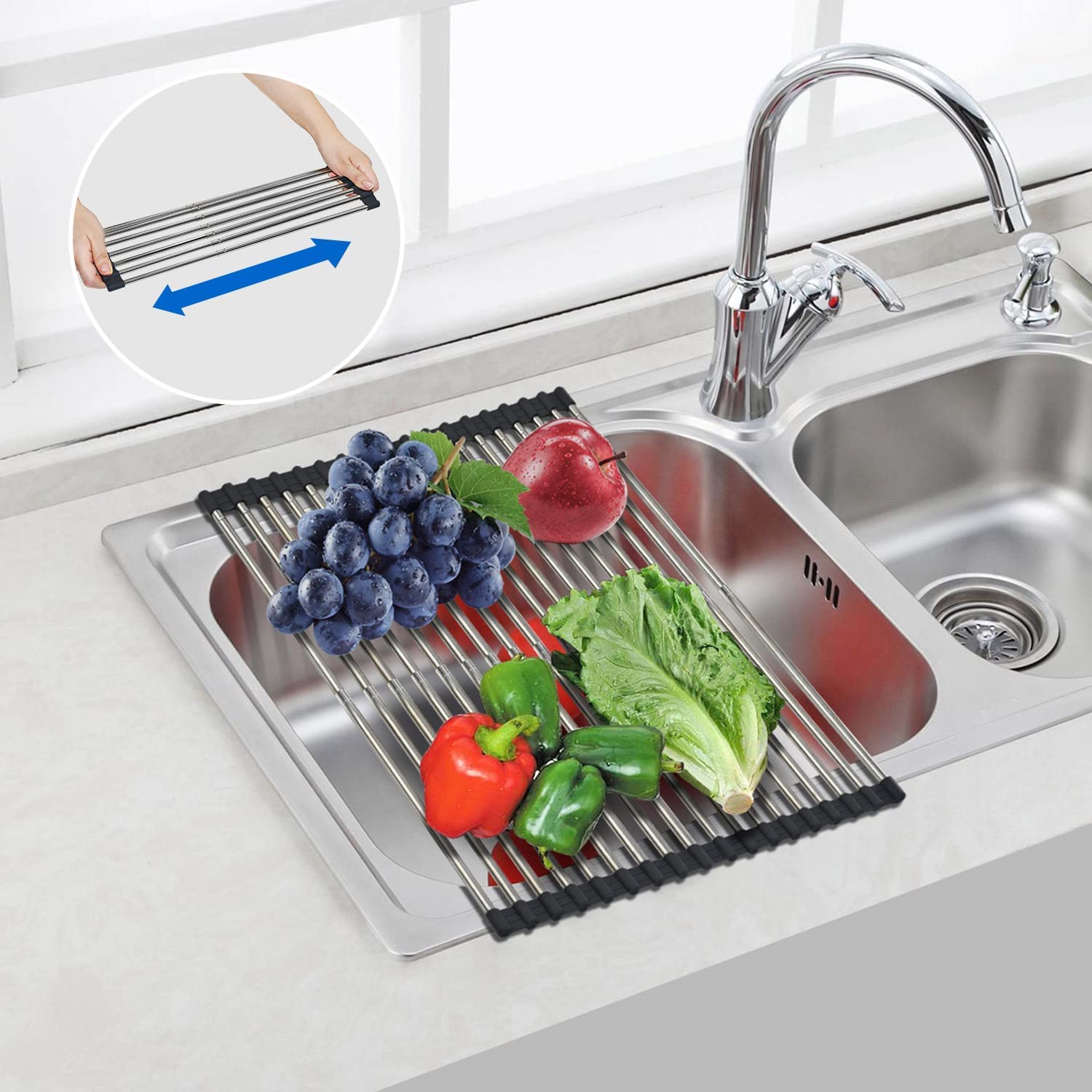 Arainy Large Telescopic Drain Rack Roll Up Dishes Drying Rack Expandable Kitchen Sink Rack Over The Sink Dish Drying Rack SUS304 Stainless Steel