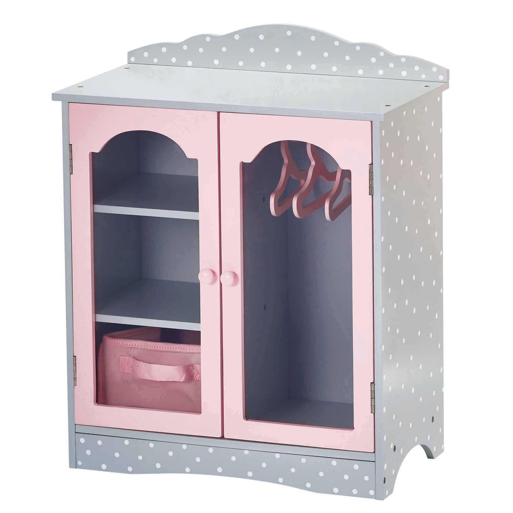 Olivia's Little World - Polka Dots Princess 18 inch Doll Wooden Closet with 3 Hangers, Fits American Girls, Our Generation Dolls, Doll Furniture, Accessories and Clothes Storage - Pink & Gray