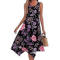 Long Dresses for Women Casual Summer Dresses for Women 2024 Vintage Floral Print Casual Fashion with Sleeveless Round Neck Flowy Swing Dress Purple Medium