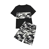 SHENHE Boy's 2 Piece Outfits Color Block Camo Print Short Sleeve T Shirt and Shorts Set