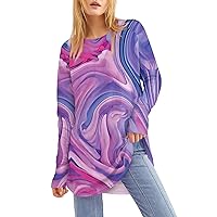Summer Tops for Women, Printed Round Neck Loose Long Sleeve Medium Length Leaky Thumb T-Shirt Top Womens Fashion 2024 Tops and Blouses Soft Tshirts 1 Cotton Scrubs Shirt (L, Purple)