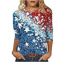 4th of July Shirts Womens Summer 3/4 Sleeve Casual Tops Fashion Print Crewneck Cute Loose Tee Blouse for Going Out