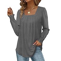 Zeagoo Long Sleeve Shirts for Women Square Neck Pleated Tunic Tops Loose Fit Fashion Blouses S-2XL