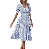 Summer Dresses for Women 2024,Wedding Guests Striped Printed Dresses V Neck Sleeveless Button Ruffle Maxi Dresses