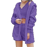 Women'S Sexy Fuzzy Outfits 3 Piece Pajamas Plush Cardigan Crop Tops Shorts Set Soft Sherpa Fleece Pjs Lounge Suit Woman 2 Pcs Knit Skirt Set Oversized Lounge Shorts Purple