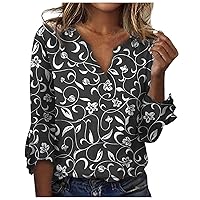 Women's Plus Size Tops Women's Loose Casual Three-Quarter Sleeves V-Neck Lace Floral Print T-Shirt Top