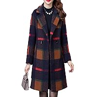 Women Thicken Plaid Wool Blend Long Jacket Lapel Flannel Plaid Button Down Trench Coat Fall Winter Casual Pea Coat