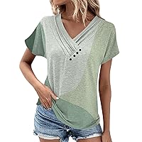 Vacation Short Sleeve Winter Blouse Woman Classic Tunic Polyester Comfort Shirt Womens Print Button-Down Green L