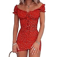 QULSE Women Floral Mini Dress Ruffle Short Sleeve Tie Front Bodycon Dress Sexy Wrap Pencil Dress for Party Club