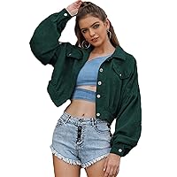 Andongnywell Womens Retro Fashion Corduroy Casual Cropped Button Down Long Balloon Sleeve Jacket Coat Overcoats (Green,X-Large)