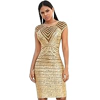 Dresses for Women - Mesh Insert Metallic Bodycon Bandage Cocktail Formal Dress
