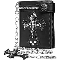 Cross Chain Wallet Lether - Jesus Gifts - Punk Skull Gothic Bifold Halloween Goth Accessories | Unisex, Black
