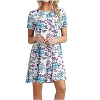 Summer Dresses for Women 2024 Beach Floral Sundress Short Sleeve Casual Tshirt Dress A-Line Swing Vacation Dress