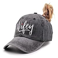 Embroidered Wifey Ponytail Hat Vintage Washed Adjustable Denim Baseball Cap for Women