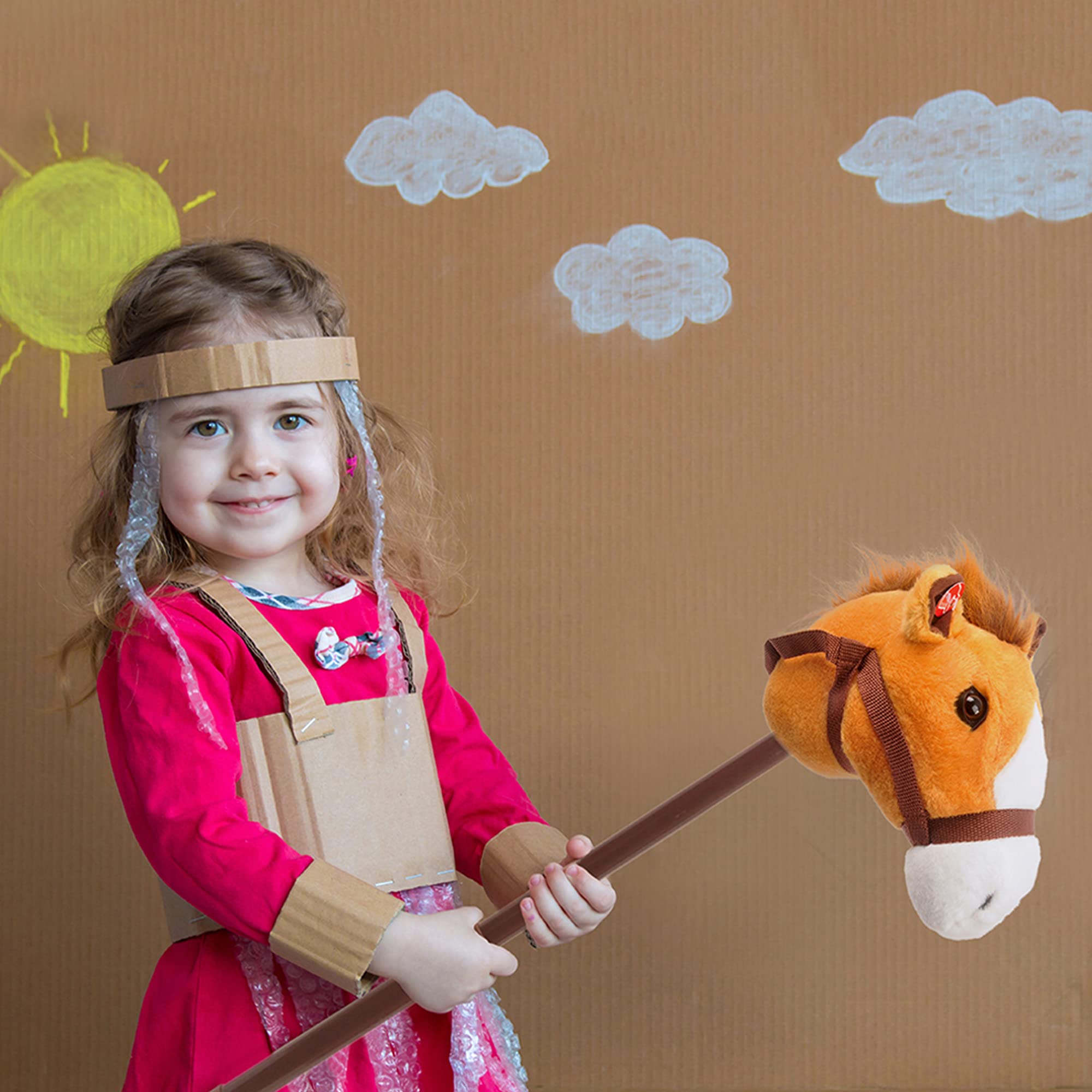 Linzy Plush Hobby Horse Stick Toy, Adjustable Telescopic Stick, Adjust to 3 Different Sizes, For Cowboy and Cowgirl of Different Ages, Light Brown