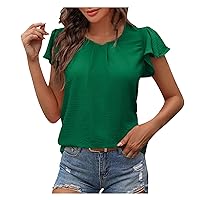 Women Ruffle Short Sleeve Fashion Crewneck T-Shirts Summer Casual Loose Fit Classic Solid Color Tops for Going Out