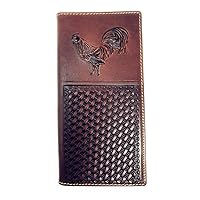 Premium Genuine Western Mens Embossed Basketweave Cowboy Long Wallet in Multi Emblem (Rooster)