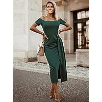 Women's Dress Off Shoulder Split Thigh Dress Dress for Women (Color : Dark Green, Size : Small)