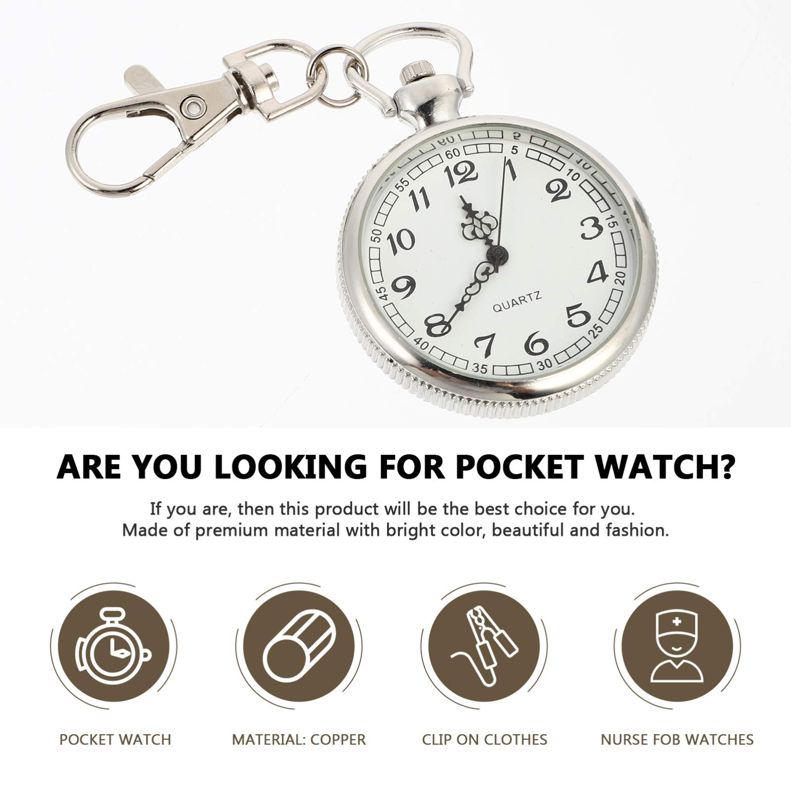 POPETPOP Clip- on Open Face Quartz Pocket Watch with Key Buckle- Unisex Fob Watch Hanging Pocket Watch Decorative