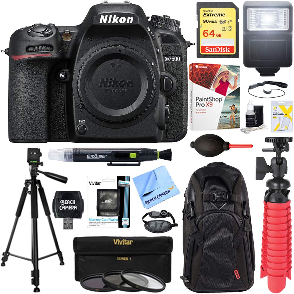 Nikon 1571 D7500 20.9MP DX-Format 4K Ultra HD Digital SLR Camera Body Bundle with 64GB Memory Card, Backpack, Flash, Cleaning Pen, Paintshop Pro 20...