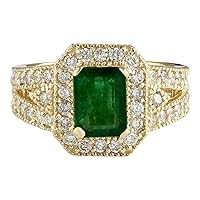 2.6 Carat Natural Green Emerald and Diamond (F-G Color, VS1-VS2 Clarity) 14K Yellow Gold Engagement Ring for Women Exclusively Handcrafted in USA