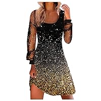 Ladies Sexy Fashion Printing Square Neck Splicing Mesh Long Sleeve Dress