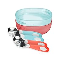 Dr. Brown’s Designed to Nourish Soft-Grip Spoon and Fork Set, Coral & Teal, 4-Pack with Scoop-A-Bowl, Food and Cereal Bowl, BPA Free - 2-Pack