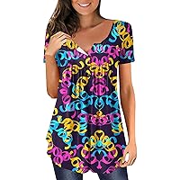 Plus Size Tops, Womens Buton Down Mardi Gras Party Shirt Crewneck Short Sleeve Tunics Or Tops to Wear with Leggings