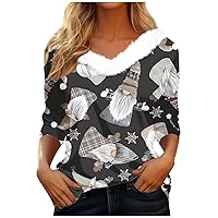 V Neck Christmas Shirts for Women Fashion Print Long Sleeve Y2k Tops Soft Fur Collar Casual Festival Clothes