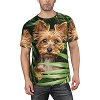 Men's Yorkshire Terrier Tropical Leaves Short Sleeve T-Shirts, Yorkie Dog Graphic Tee