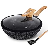 COOKLOVER Nonstick Woks And Stir Fry Pans Die-cast Aluminum Scratch Resistant 100% PFOA Free Induction Wok pan with Lid 12.6 Inch - Black