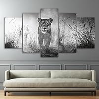 5 Pieces Canvas Wall Art Modern Home Decor Lioness In Black And White Framed Artwork Pictures for Wall Decor Pictures for Living Room 60x32 Inch