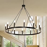 Candle Style Wagon Wheel Chandelier Black 12-Light, Round Wagon Wheel Chandelier Outdoor Porch Light Fixtures, Modern Wagon Wheels Chandeliers for Living Room Hallway Foyer - 38-Inch
